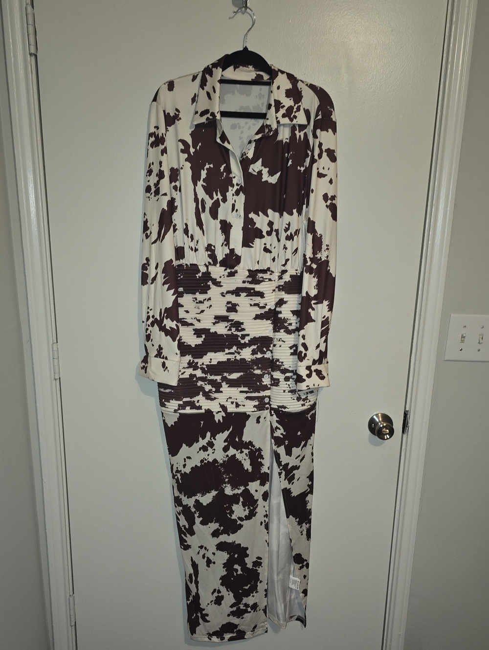SHEIN Brown and White Long Sleeve Cow Print Maxi Dress